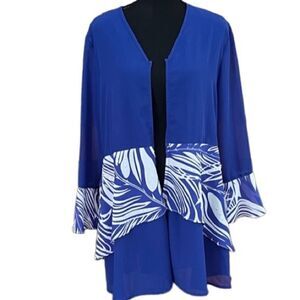 EY Boutique royal blue/white semi sheer open front tunic, ruffled sleeves sz XL